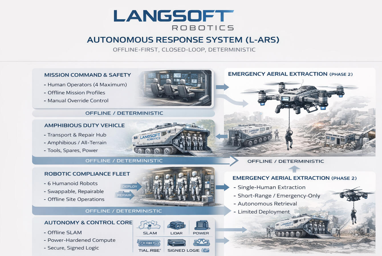 Langsoft Autonomous Response System (L-ARS) Offline-first, closed-loop autonomous architecture for degraded environments. Langsoft Autonomous Response System (L-ARS) Offline-first, closed-loop autonomous architecture for degraded environments.