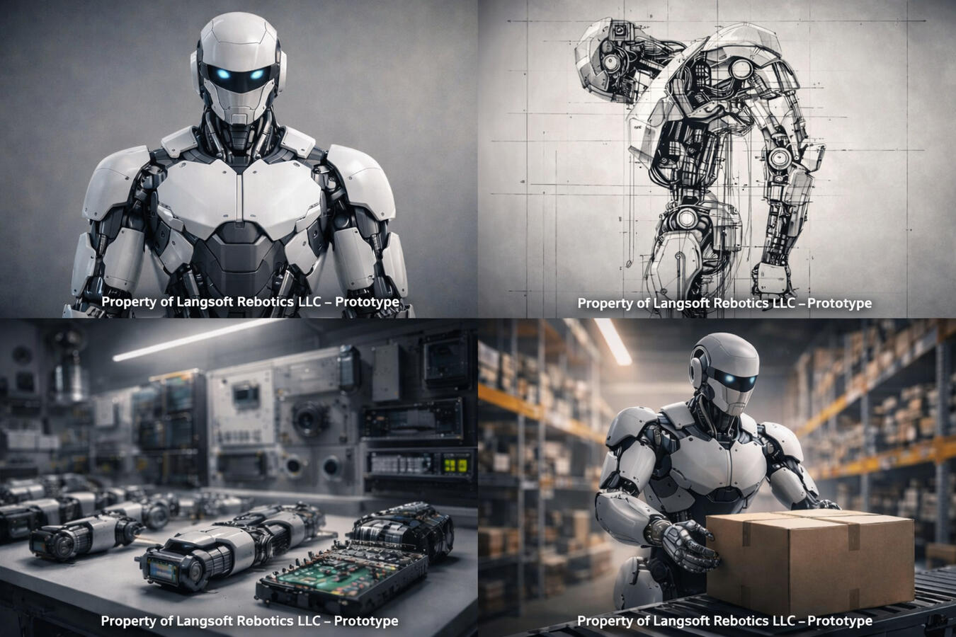 Humanoid Compliance Robot — Prototype Offline-first autonomous humanoid designed for operation in degraded, disconnected, and safety-critical environments. Built for repairability, deterministic control, and field deployment as part of Langsoft’s Autonomou Front-view prototype of a humanoid robot developed by Langsoft Robotics LLC, featuring modular armored components and integrated sensors for offline autonomous operation in hazardous environments.
