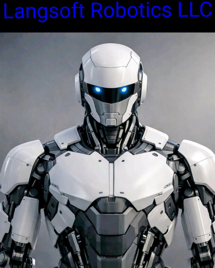 Side-view technical blueprint-style image of a humanoid robot prototype by Langsoft Robotics LLC, showing articulated joints, modular components, and structural design for autonomous field use.