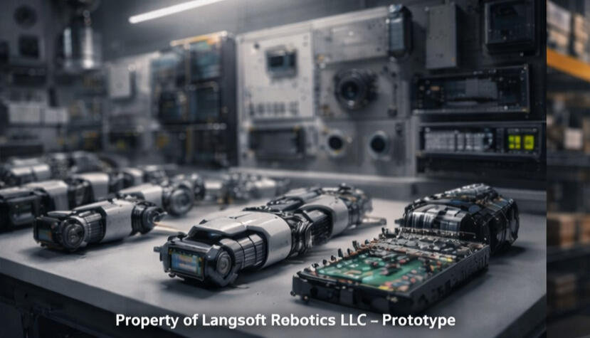 Modular Actuation & Control Components — Prototype Bench-level view of modular actuators, power electronics, and control boards designed for rapid replacement, field repair, and offline deterministic operation Workbench scene showing robotic actuators, embedded control boards, and power modules developed by Langsoft Robotics LLC for modular humanoid robot prototypes and field-serviceable systems.